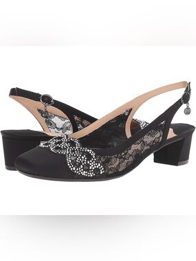 J.Renee Black Lace‎ Slingback Heels with Crystal Swirl
